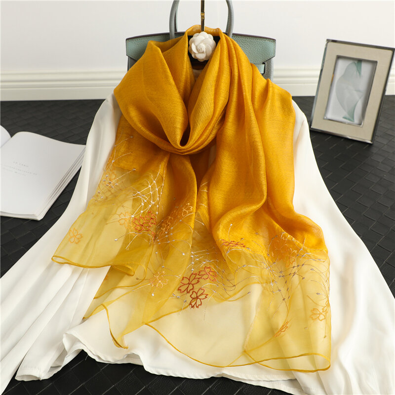 Chales bordados para mujer, Bufanda de lana de seda, Hijab Floral, Foulard fino, pañuelo para la cabeza, estolas de playa, 2022