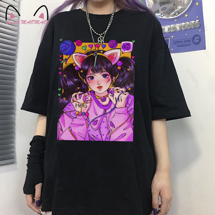 Übergroßen T Hemd Harajuku Ästhetischen Gothic Punk Cartoon Print Kurzarm Frauen T-Shirts Sommer Hip Hop Lose Streetwear Tops