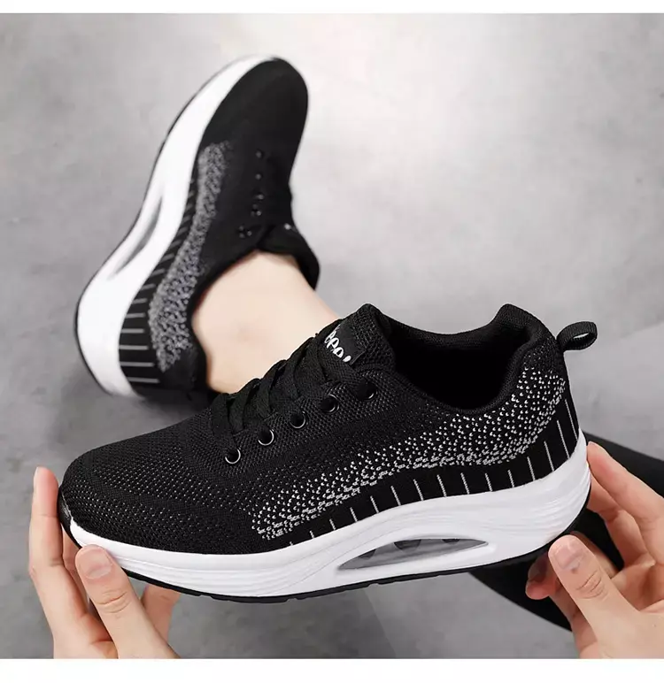 แฟชั่นฤดูร้อนสีดำ Wedge รองเท้าผ้าใบผู้หญิงรองเท้าเกาหลีรองเท้าผ้าใบสีขาว Breathable Air Mesh ถัก Casual รองเ...