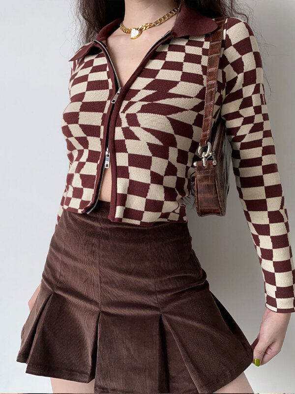 Sweter Rajutan Ritsleting Ganda Antik Mode Baru Musim Gugur Musim Dingin Kardigan Wanita Atasan Streetwear Lengan Panjang Pakaian Wanita Kotak-kotak
