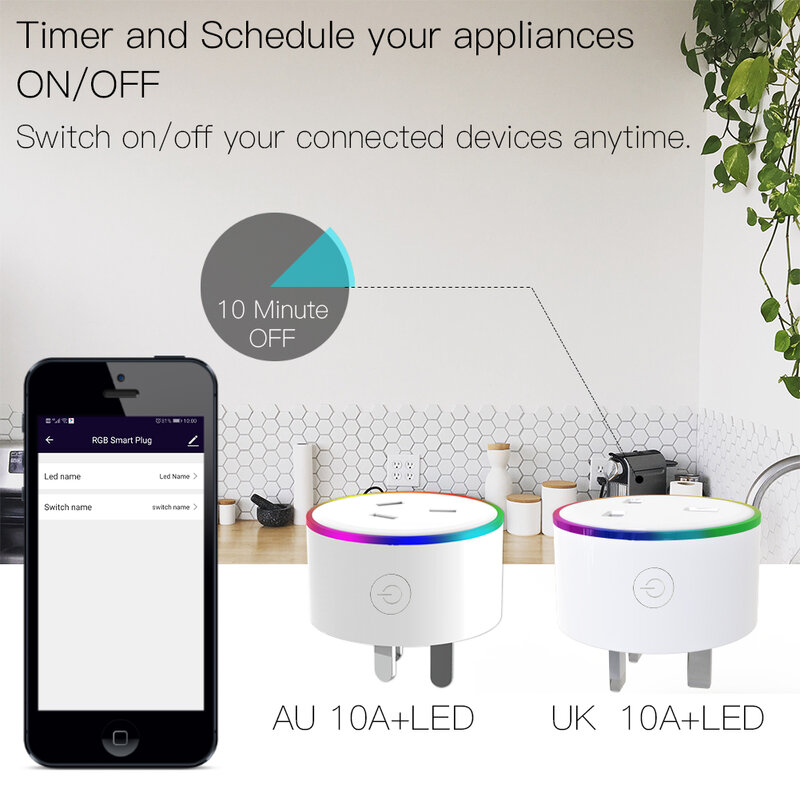Enchufe inteligente con Wifi y RGB para control remoto con aplicación, Enchufe de alimentación inalámbrico, compatible con aplicación Smart Life y Tuya, Alexa y Google Home