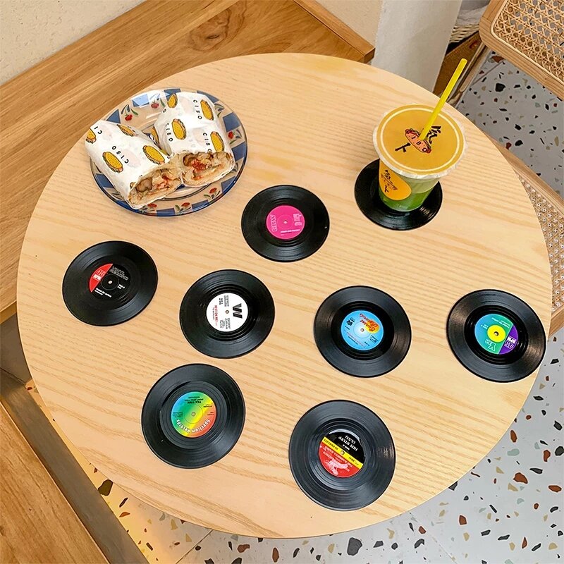 manteles individuales de mesa 2, 4, 6 unidades de manteles individuales de discos de vinilo de plástico ecológico, posavasos para tazas sencillos y creativos, posavasos para tazas resistentes al calor.