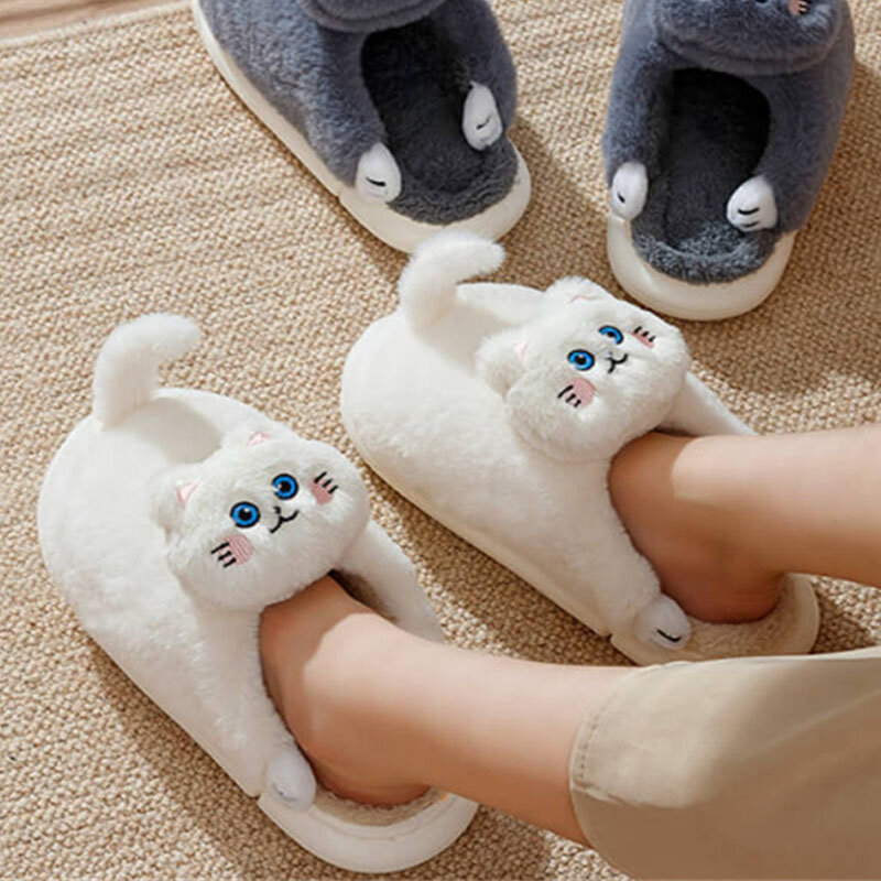 Симпатичные женские тапочки с кошкой, зимние домашние тапочки для пола в помещении, обувь, меховые тапочки для женщин, зимние теплые хлопковые тапочки для любителей кошек