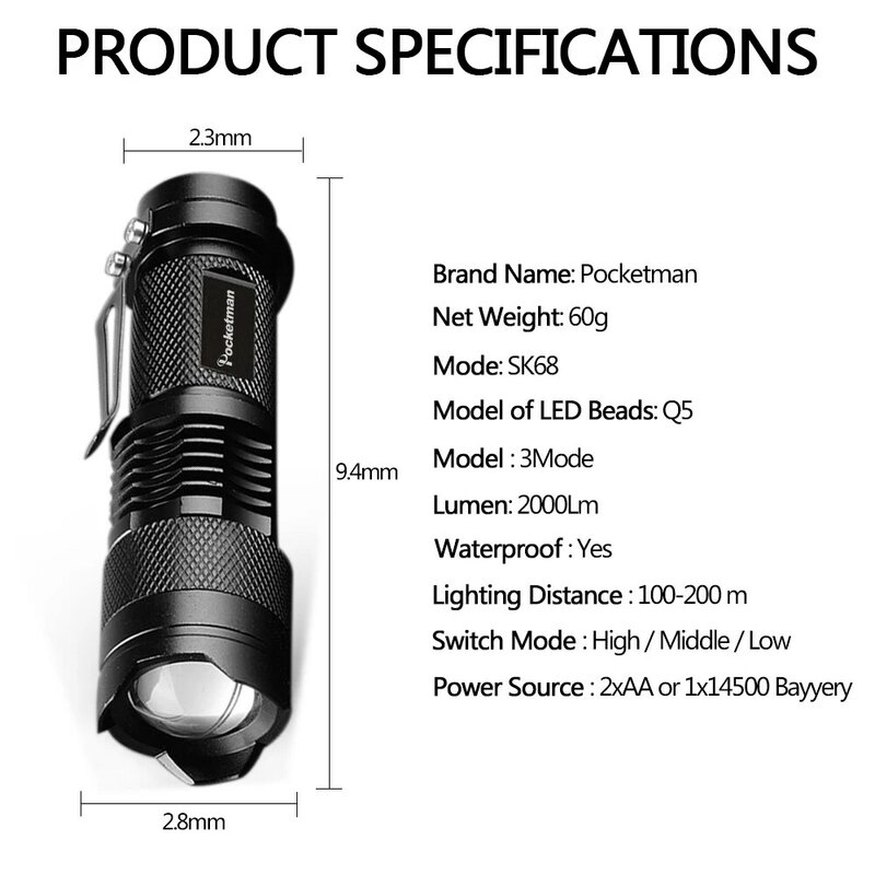 Senter LED Q5 Mini Portabel Super Terang Lampu Taktis Senter LED Senter Memancing Fokus Dapat Disesuaikan Lentera Kemah Luar Ruangan