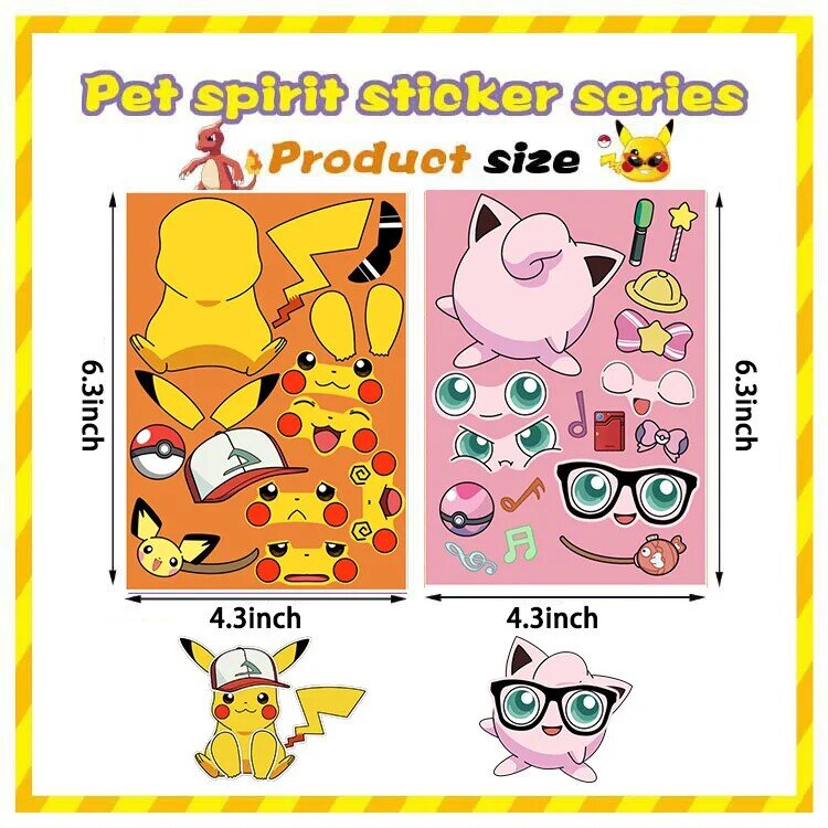 16Sheets Children DIY Puzzle Sticker Pokemon Face Funny Anime Pikachu Assemble Stickers Kids Toys Boys Girls Gifts