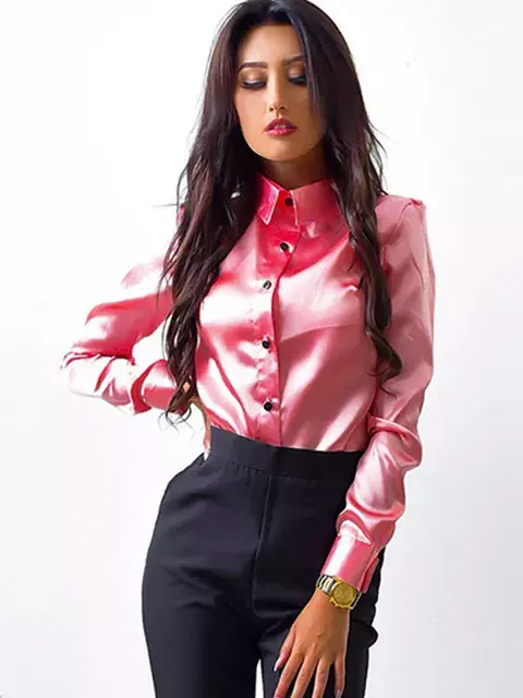 Blusa elegante de satén para mujer, camisa Formal de manga larga con cuello vuelto, color rojo vino y verde, para oficina, nueva