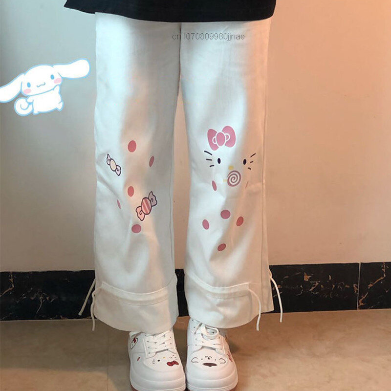 Sanrio Hallo Kitty Y2k Sommer Nette Mädchen Legged Casual Hosen Japanischen Süße Student Breite Bein Hosen Frauen Lose Vielseitig Kleidung
