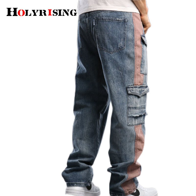 Holyrising men jean pant 2022 Large Size Jeans Fashion Loose Big Pockets Hip-Hop Skateboard Casual Men Denim Blue pant NZ119