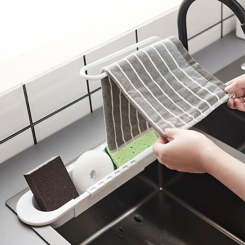Kitchen Sink Shelf Telescopic Sinks Organizer Soap Sponge Holder Towel Drain Rack Storage Basket Kitchen Gadgets Accessories