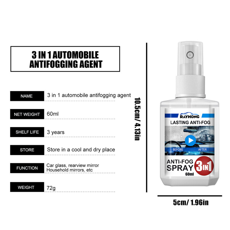 Anti-fog Agent 60ml Auto Defogger Agent Spray Car Window and Windshield Cleaner Prevents Fog on Windshield Glasses Lenses Goggle