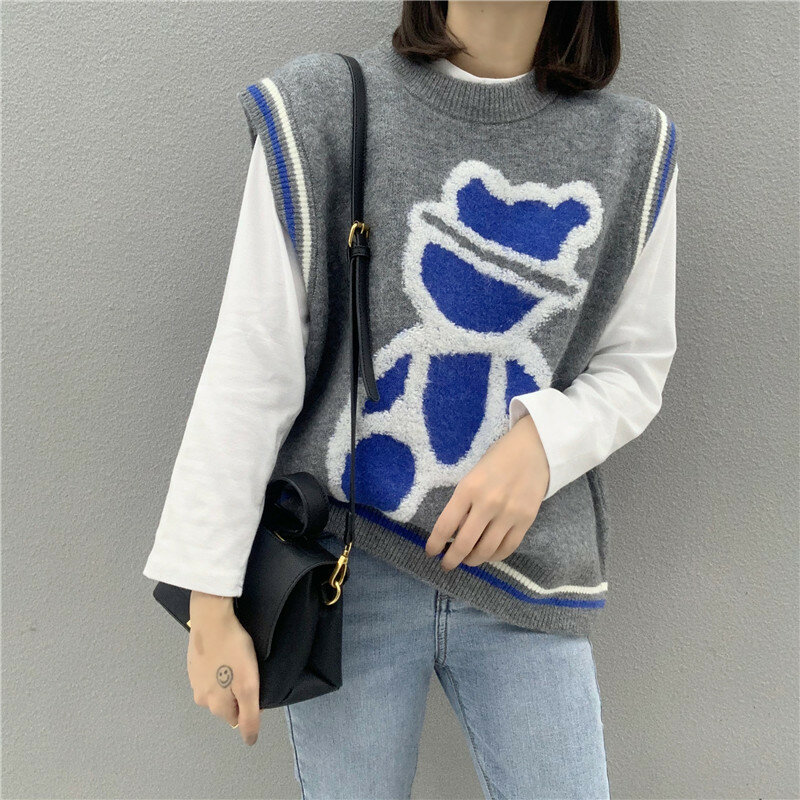 Blue Bear Knitted Sweater Vest Women Cottagecore O Neck Sweater Vest 2021 New Fashion Spring Autumn Sleeveless Warm Streetwear