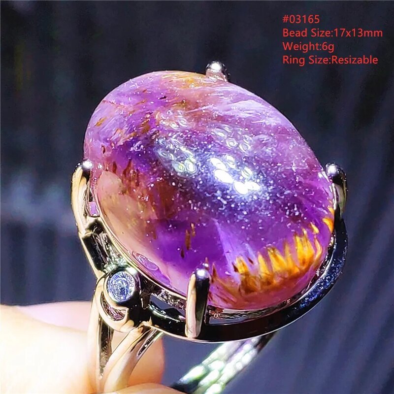Anillo rutilado de cacoxenita púrpura Natural, anillo ajustable de auralita roja 23, Plata de Ley 925 ovalada, curación rara AAAAA
