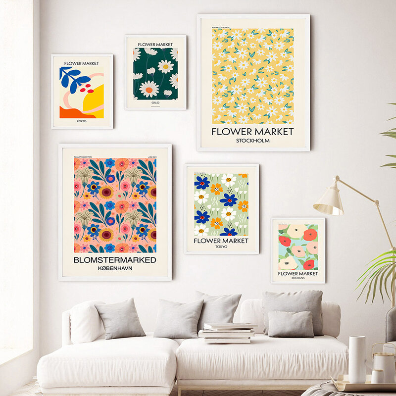 Cuadro en lienzo con forma de flor de mercado, carteles nórdicos coloridos y frescos, imágenes de pared para decoración de sala de estar
