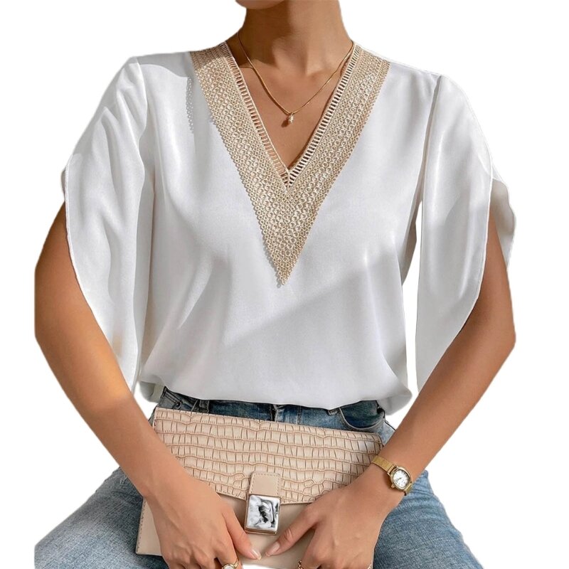Kobiety swobodne rozcięcie koszula z półrękawem koronka szydełkowa dekolt luźne szyfonowe bluzki N7YD