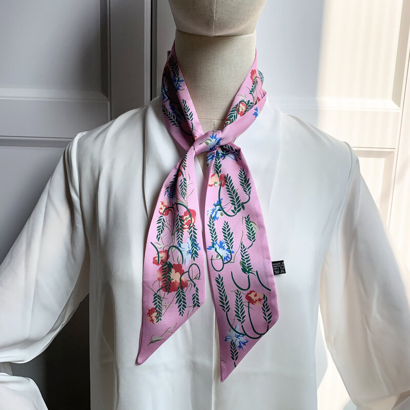 Marca saco cachecol flor impresso feminino de luxo senhoras bandana acessórios longo pequeno design roupas acessórios gravata