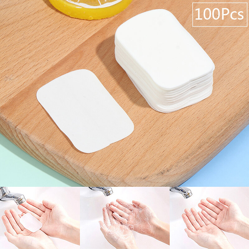 100ชิ้น/ล็อตแบบพกพา Bath Hand ซักผ้า Slice แผ่นกลางแจ้ง Travel เทียนหอมสบู่กระดาษ Bath Clean Soap เม็ด