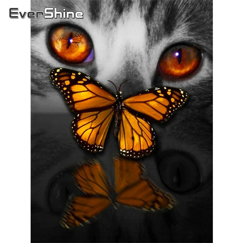 Evershine 5Dダイヤモンド塗装猫蝶クロスステッチキットダイヤモンド刺繍動物フル平方モザイク壁の装飾