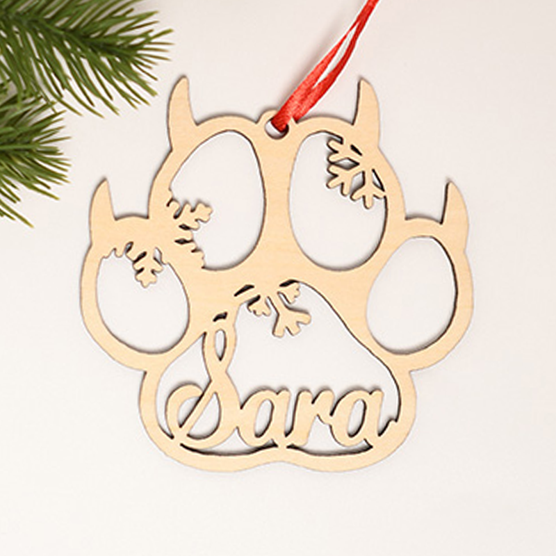 Pet Paw Personalized Name Christmas Bauble Custom Christmas Ornament Cat Dog Wooden Claw Laser Cut Ornament