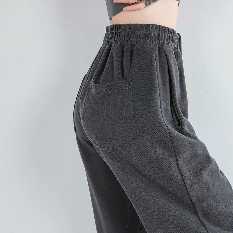캐주얼 와이드 핏 올 매치 플러스 벨벳 팬츠 여성용, 느슨하고 얇은 스포츠 바지 가을 겨울 상품