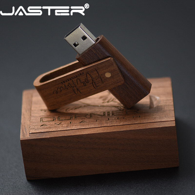 JASTER 64GB Logotipo Personalizado Gratuitamente USB Flash Drives Pen drive 32GB 16GB 8GB Nogueira caixa de rotação de madeira Memory Stick de Armazenamento Externo 128GB
