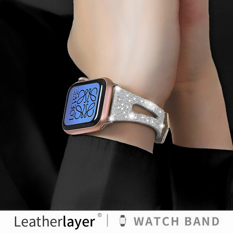 Bracelet en cuir brillant pour Apple Watch, à paillettes, pour femmes et filles, 38mm 40mm 41mm 42mm 44mm 45mm, pour iWatch série 7 6543