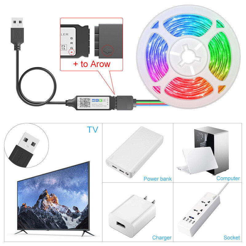 家の装飾用の柔軟なLEDストリップライト,TVバックライト,USB充電器付き4in 1 rgbww 5050,Bluetoothアプリケーションによる制御