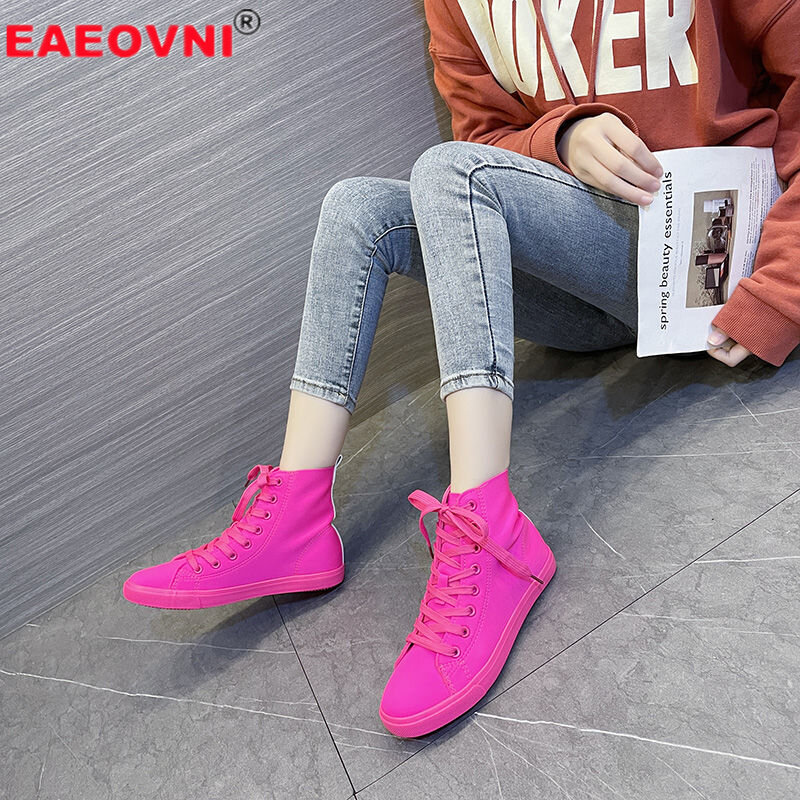 Sneakers Atas Tinggi Kulit Lembut Wanita Musim Semi Mode Lima Warna Luar Ruangan Santai Sol Tebal Nyaman Berjalan Sepatu Vulkanis