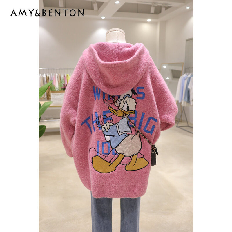 Thick and Younger Cartoon Embroidery Sweater Jacket Autumn and Winter Loose Thickened Thermal Zipper Hooded Sweater Coat Women