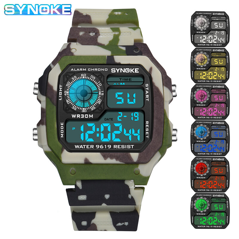 Часы наручные SYNOKE мужские электронные, спортивные цифровые цветные светящиеся квадратные в стиле милитари, водонепроницаемые