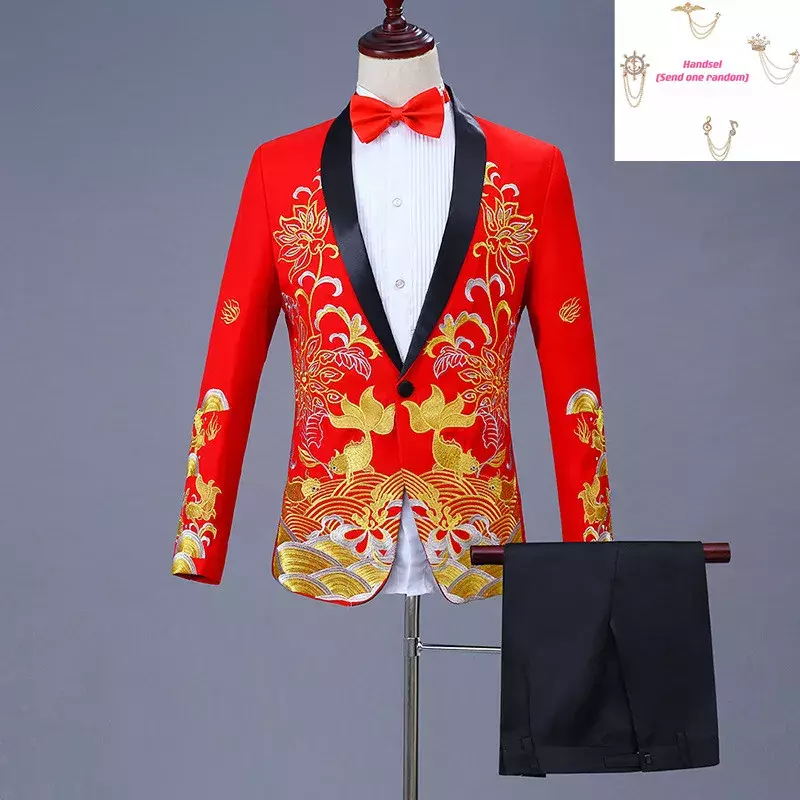 Мужской костюм для вечерние, костюмы в китайском стиле, однобортный комплект из двух предметов, пальто и брюки, синий, красный, черный, белый ...