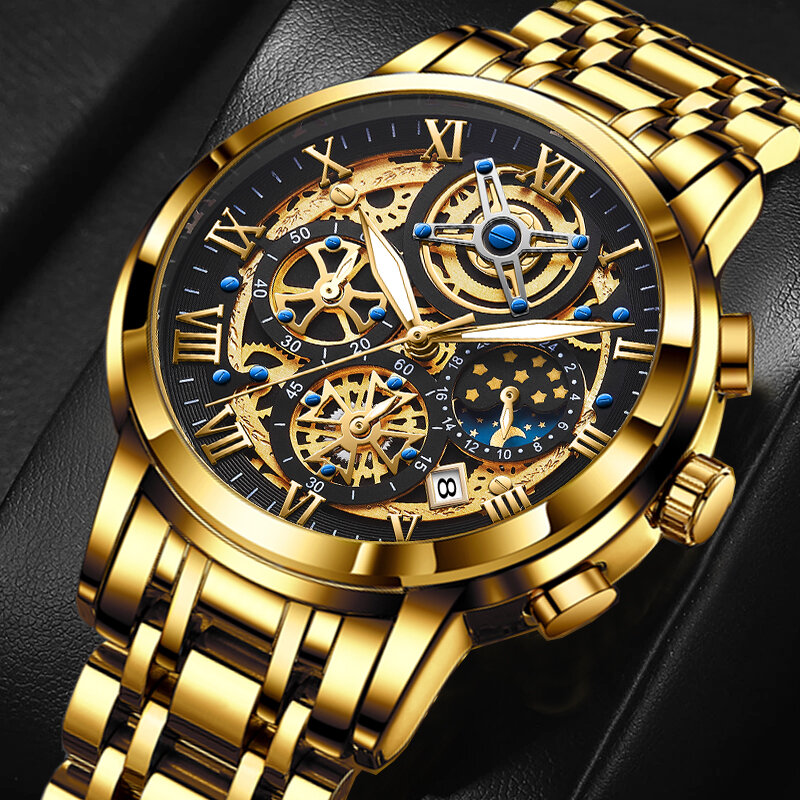 Relogio masculino lige relógios dos homens 2022 marca superior de luxo relógios de pulso masculino ouro grande ouro cronógrafo relógio pulso homem + caixa