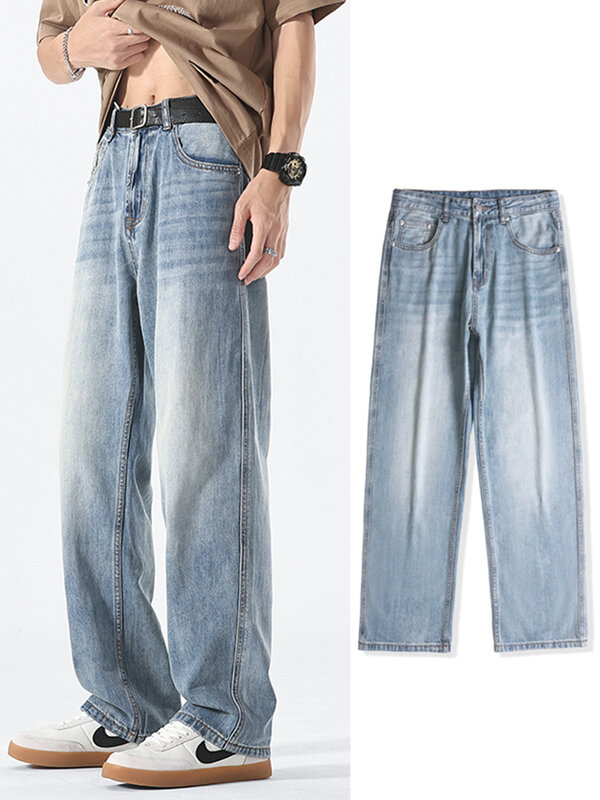 Летние светильник и тонкие мужские прямые джинсы из дышащего хлопка с лиоцеллом, повседневные синие широкие джинсовые брюки большого размера, мешковатые джинсы
