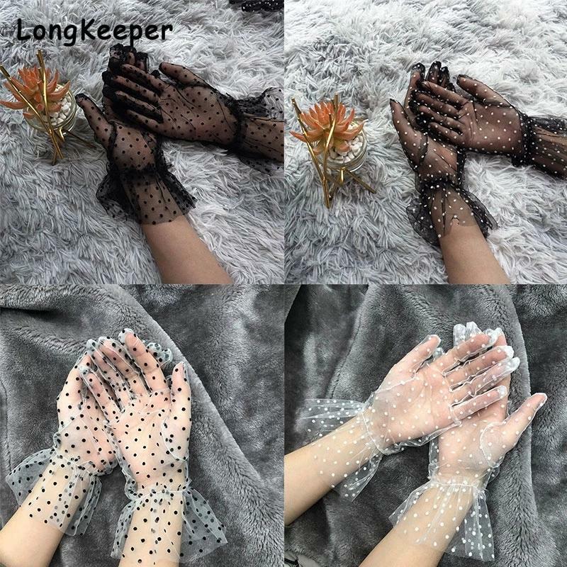 Spring Summer Women Gloves Stretchy Sexy Lace Tulle Full Finger Mittens Lotus Leaf Sheers Elegant Lady Driving Gloves Wedding