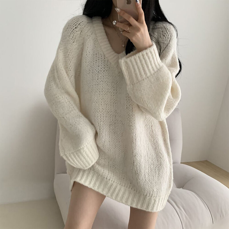 Women's Clothing Grey Vintage Knitting Sweater V Neck Long Sleeve Simplicity Casual Korean Fashion Baggy Tops Ladies Autumn