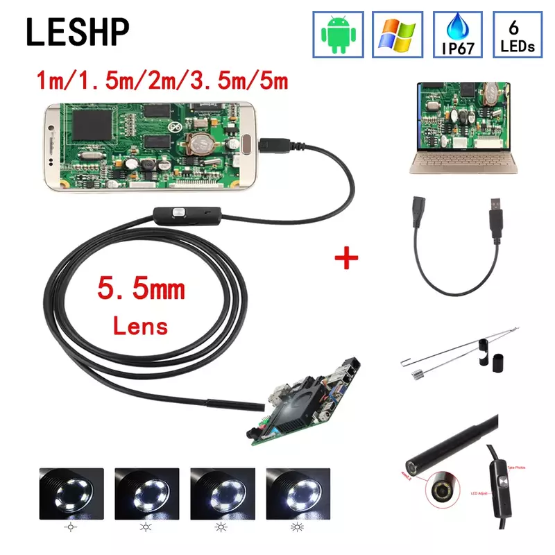 5.5mm Endoscope Camera HD USB Endoscope With 6 LED 1/1.5/2/3.5/5M Soft Cable Waterproof Inspection Borescope for Android PC