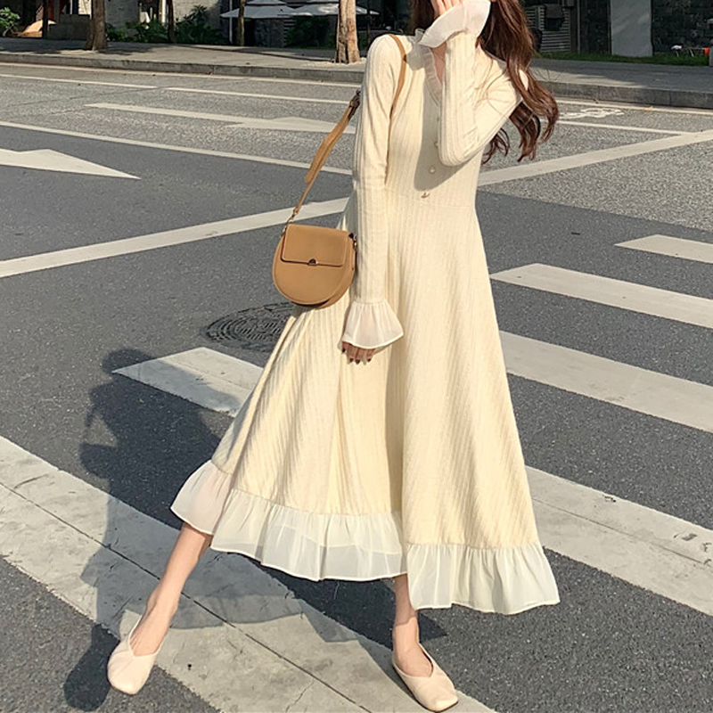 Vestido de lana de punto de moda coreana para otoño e invierno, nuevo vestido francés elegante con cuello en V, falda larga ajustada de manga larga con fondo, 2022