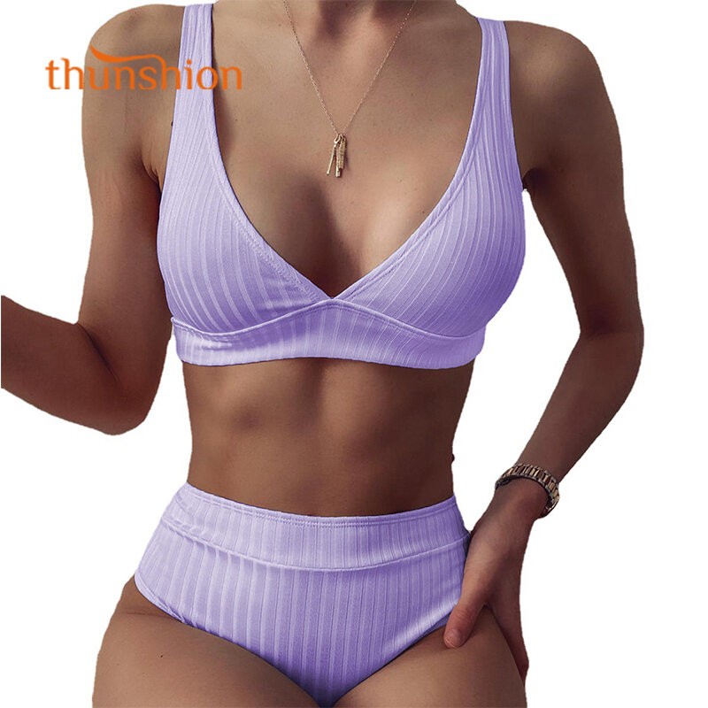 THUNSHION FF202 Deep V Neck Solid Bra Suit for Women Strip High Waist Swimsuits Summer Sexy Backless Two Piece Swimwear 2022
