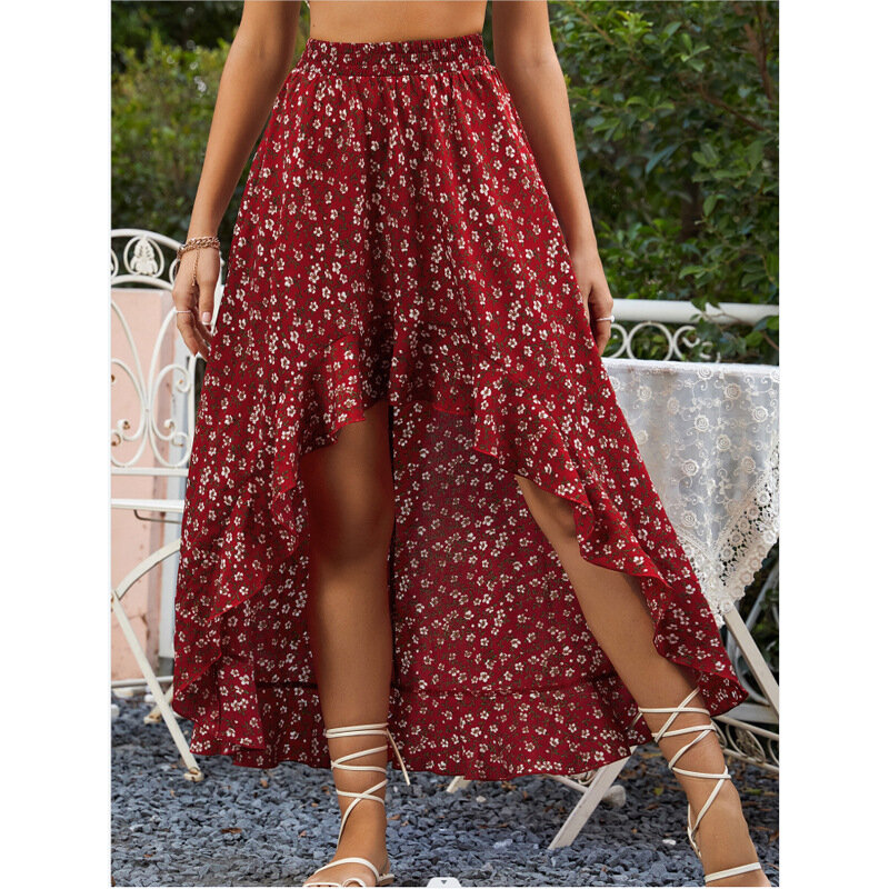 Summer Women's Comfortable Casual Leopard Printing High Waist Long Dress Fold Bohemian Large Swing A-line Skirts
