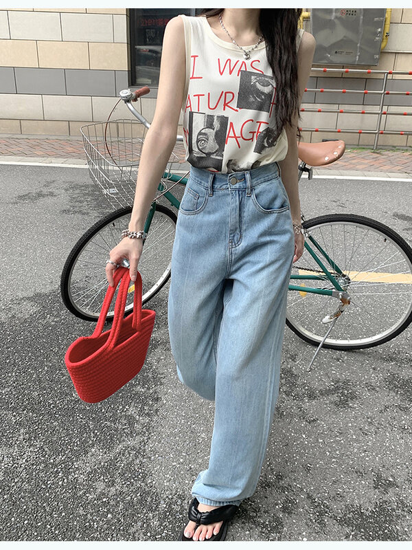 2022ใหม่ผู้หญิงตรง Baggy Denim กางเกง Vintage Wash Blue กางเกงยีนส์ยาวกางเกงง่ายทุกวัน Basic Streetwear Ins เกาหลี