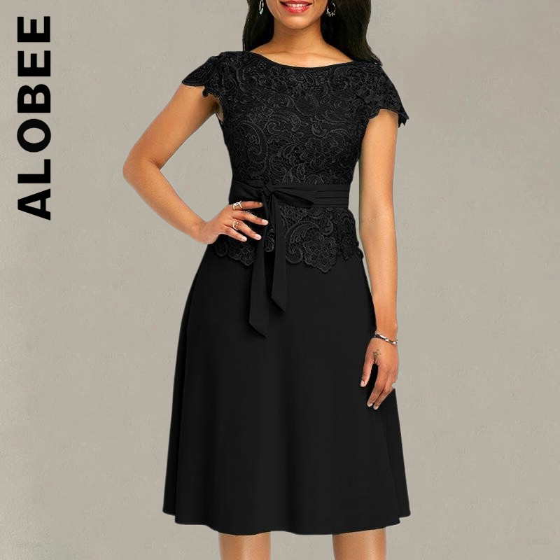 Alobee Women Dress Bow Lace Patchwork Maxi Dress Short Sleeve Knee Pure Solid Knee Length Party Dress Robe Chic Vestidos Female