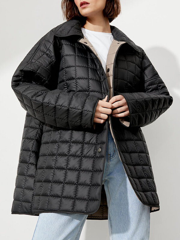 Dwustronna kurtka zimowa Casual Oversized pikowana kurtka luźna w kratę przycisk kobiety parki Vintage odzież wierzchnia elegancki płaszcz z klapami