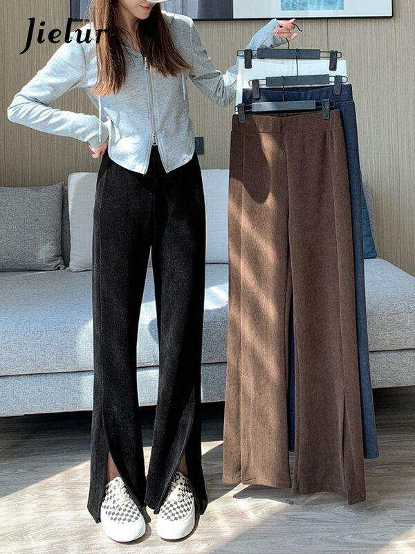 Jielur alta rua coreano dividir flare calças femininas de cintura alta outono simples senhora cinza preto marrom veludo calças XS-XL
