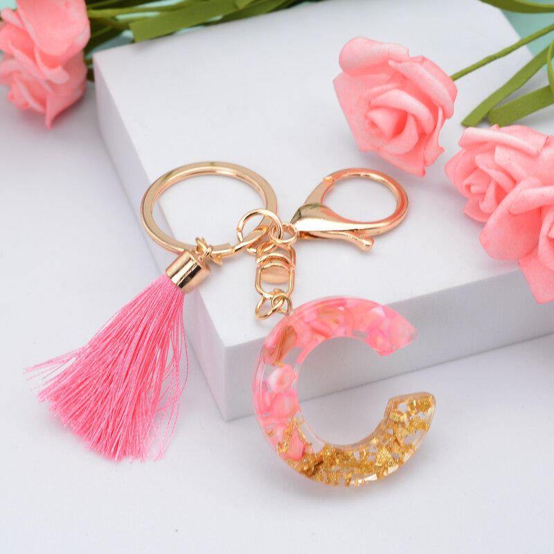 Creative 26 Letter Resin Keychain Pendant With Pink Tassel Keyring Charms Men Women Bag Ornaments Accessories Souvenir Gifts