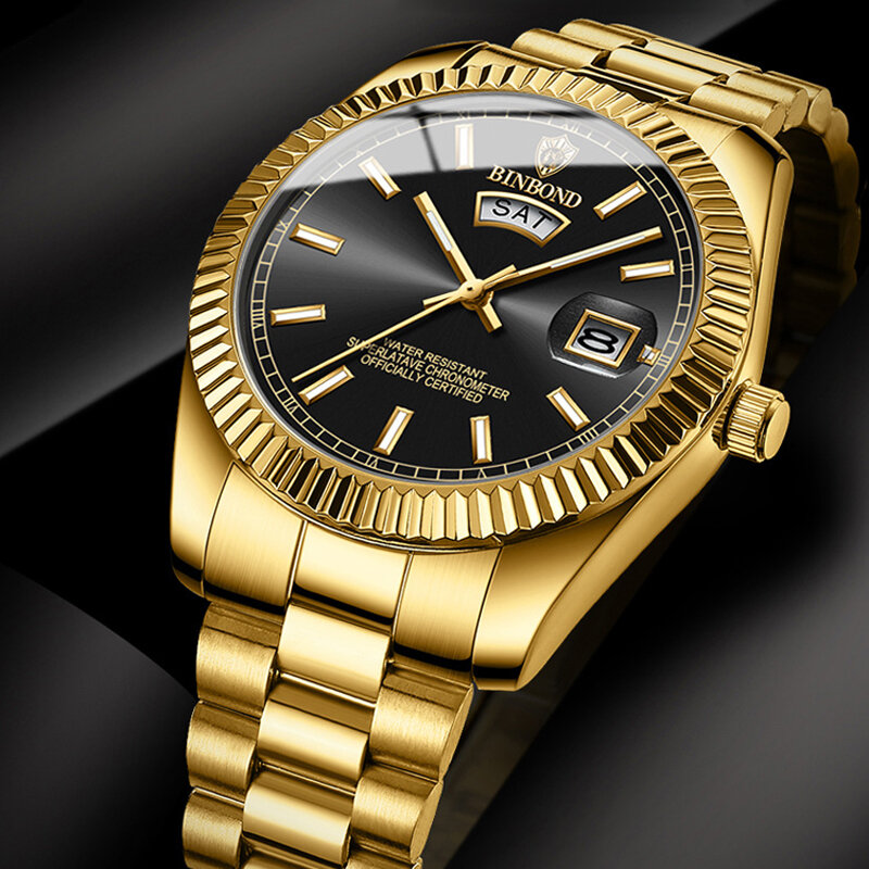 Montre-bracelet à quartz en acier militaire pour hommes, montre de sport de luxe, or, design calendrier, horloge masculine, marque supérieure, mode