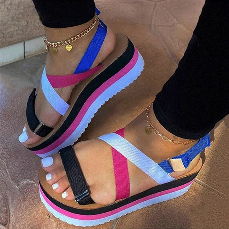 Wholesale Women Summer Sandals Plus Size 43 Multi Color Platform Sandals Rainbow Wedges Heel Casual Beach Shoes For Dropshipping