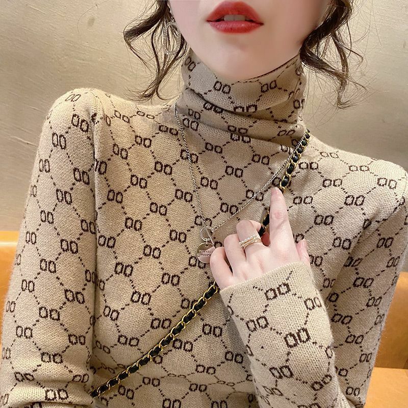 Outono inverno gola alta vintage elegante fino velo camiseta elegante all-match xadrez impresso manga longa topos roupas femininas
