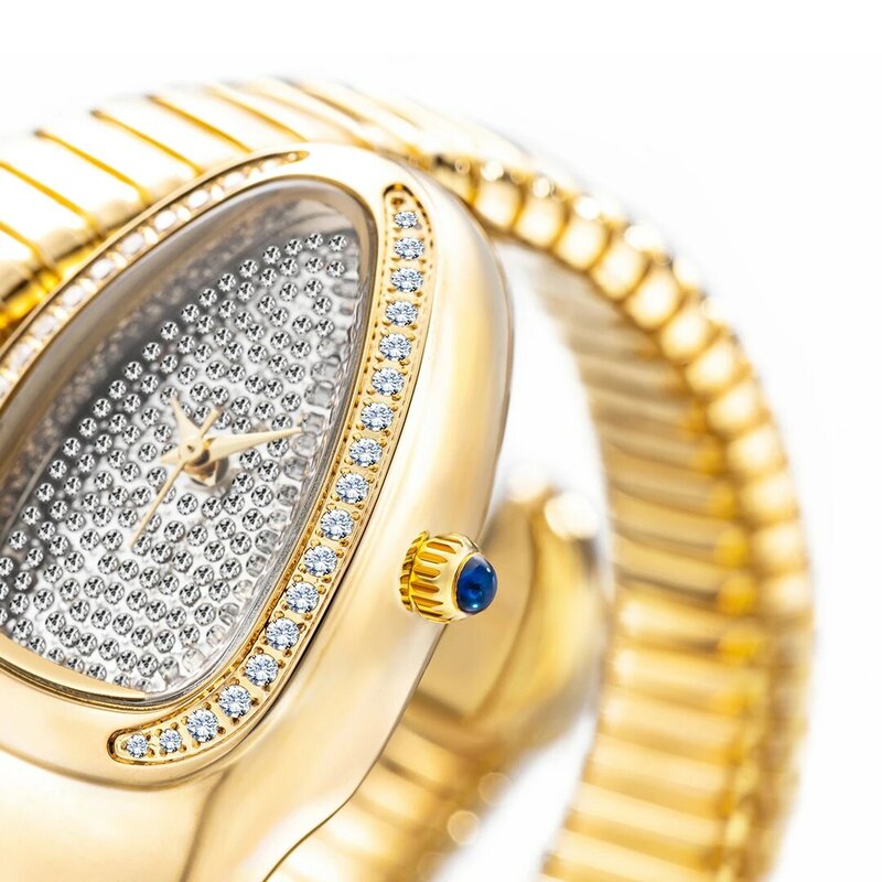 MISSFOX-스네이크 헤드 럭셔리 여성 시계, 다이아몬드 다이얼 베젤 유연한 팔찌, 쿼츠 Movt 시계, 여성용 시계