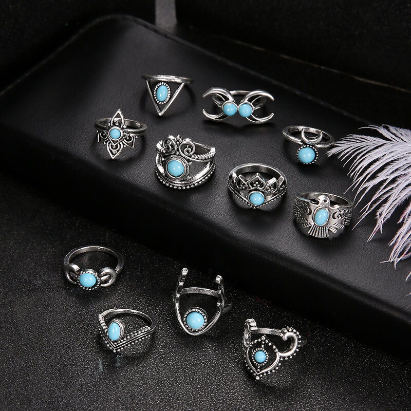 Vintage Boho Blue Stone Turquoise Rings For Women Wholesale Mix Styles Ethnic Finger Ring Set Jewelry Party Gifts