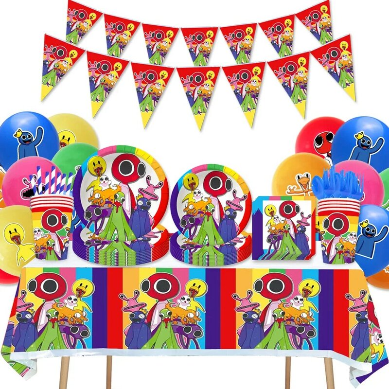 Décorations de fête d'anniversaire d'amis arc-en-ciel, ballons, toile de fond de dessin animé, thème de figurines de jeu, fête préChristophe, fournitures de fête d'anniversaire pour enfants