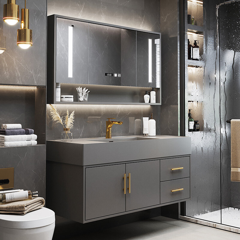 Armoire de rangement de salle de bains avec évier, miroir intelligent en ardoise, lavabo intégré, toilette, lavabo, placard moderne gris
